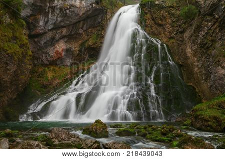 Beautiful Golling Waterfall And Near Golling And Salzach Medieval Town At Autumn
