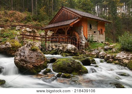 Beautiful Golling Waterfall And Near Golling And Salzach Medieval Town At Autumn