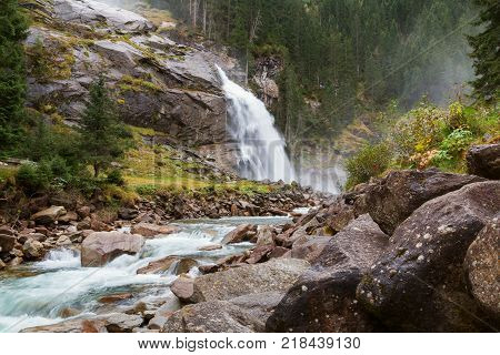 Beautiful Golling Waterfall And Near Golling And Salzach Medieval Town At Autumn
