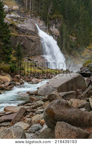 Beautiful Golling Waterfall And Near Golling And Salzach Medieval Town At Autumn