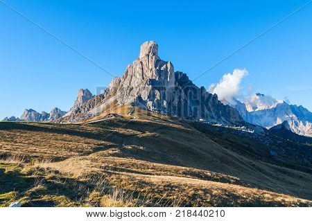 Dolomites mountains the Passo di Giau Monte Gusela at behind Nuvolau gruppe in South Tyrol Italy