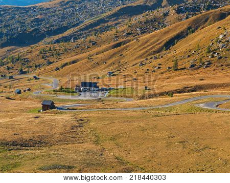 Dolomites mountains the Passo di Giau Monte Gusela at behind Nuvolau gruppe in South Tyrol Italy