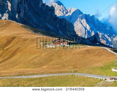 Dolomites mountains the Passo di Giau Monte Gusela at behind Nuvolau gruppe in South Tyrol Italy