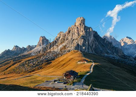 Dolomites mountains the Passo di Giau Monte Gusela at behind Nuvolau gruppe in South Tyrol Italy