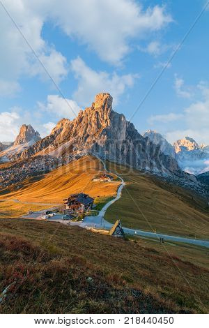 Dolomites mountains the Passo di Giau Monte Gusela at behind Nuvolau gruppe at sunset in South Tyrol Italy