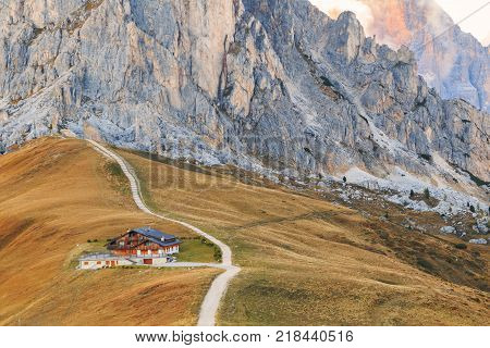 Dolomites mountains the Passo di Giau Monte Gusela at behind Nuvolau gruppe at sunset in South Tyrol Italy
