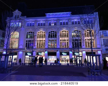 Clermont-Ferrand Auvergne France, 1st December 2017: Night view of Galeries Lafayette de Jaude on Place de Jaude square in Clermont Ferrand