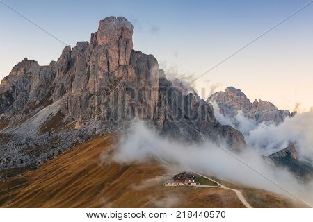 Dolomites mountains the Passo di Giau Monte Gusela at behind Nuvolau gruppe at sunset in South Tyrol Italy