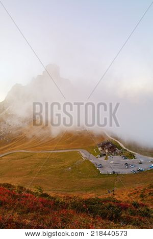 Dolomites mountains the Passo di Giau Monte Gusela at behind Nuvolau gruppe at sunset in South Tyrol Italy