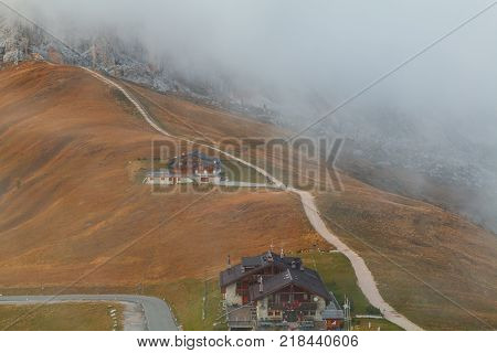 Dolomites mountains the Passo di Giau Monte Gusela at behind Nuvolau gruppe at sunset in South Tyrol Italy