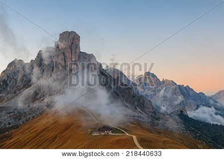 Dolomites mountains the Passo di Giau Monte Gusela at behind Nuvolau gruppe at sunset in South Tyrol Italy
