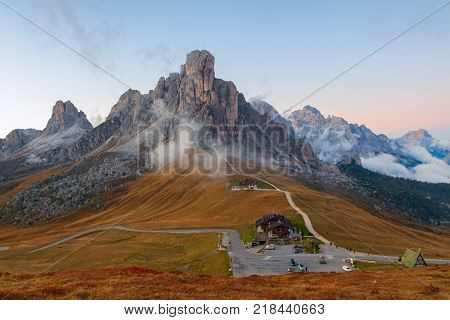 Dolomites mountains the Passo di Giau Monte Gusela at behind Nuvolau gruppe at sunset in South Tyrol Italy