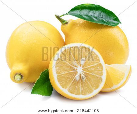 Lemon fruits, lemon slices with leaves on the white background.