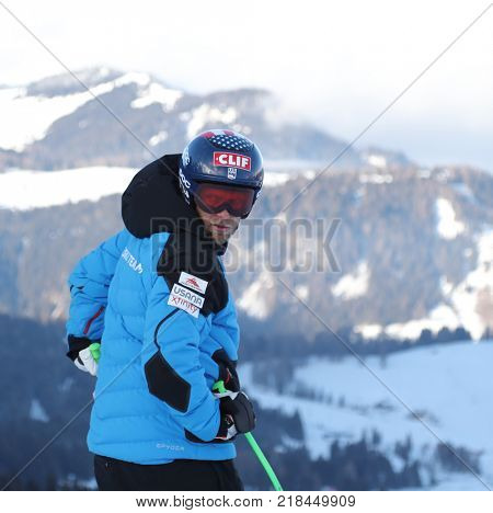 VAL GARDENA, ITALY - DECEMBER 14: Steven Nyman of The USA during pre race course inspection for the Saslong course during the Audi FIS Alpine Ski World Cup Men's Downhill training on December 14 2017 