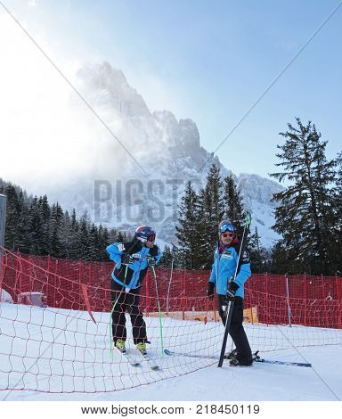 VAL GARDENA, ITALY - DECEMBER 14:  Coach Scotty Venis from Team USA with Steven Nyman of The USA during pre race course inspection for the Saslong course during the Audi FIS Alpine Ski World Cup