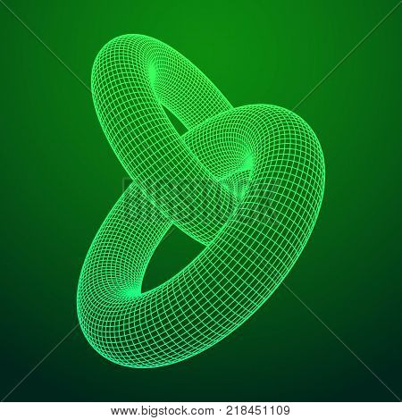Wireframe polygonal element. 3D Torus chain with lines and dots abstract vector background