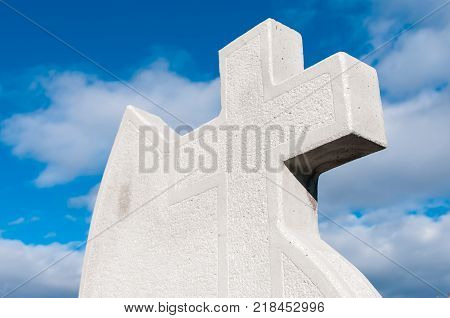 Empty tombstone , blue sky background in the cemetary