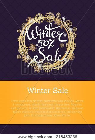 Winter sale 50 poster in decorative frame made of silver and golden snowflakes, snowballs of gold in x-mas border vector with place for text