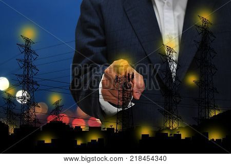 Business background of Asians aged 40 to light the concept of energy electricity