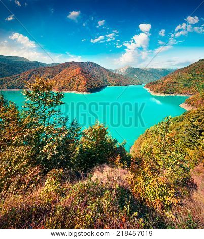 Colorful autumn morning on the Patara Ingury river (Dzhvara Ingury reservoir). Sunny scene in Upper Svaneti Georgia Europe. Artistic style post processed photo.