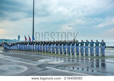 Pattaya Thailand - November 15 2017: Thai navy demonstrating Fancy Drill on the 50th anniversary ASEAN International Fleet Review 2017 at the beach of Pattaya Thailand.