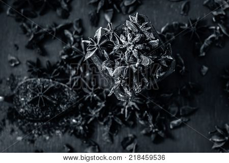 Close Up Star Aniseed,illicium Verum In A Bowl With Powder.