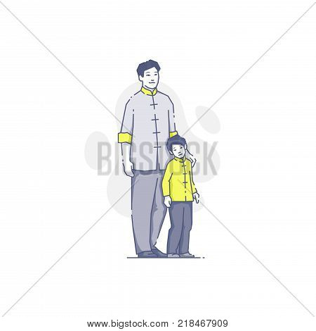 Vector illustration of asian father and son standing together.