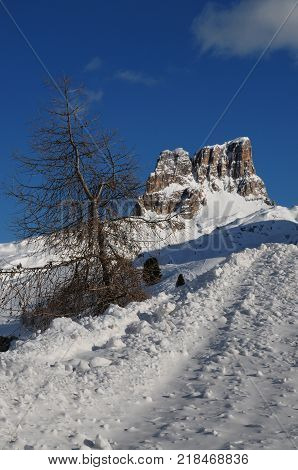 Beautiful Landscape of Mount Averau at Passo Falzarego in the Italian Dolomites. Winter season. Veneto, Italy.