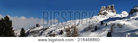 Beautiful Winter scene of Mount Averau and Cinque Torri group in the italian Dolomites. Veneto Italy.