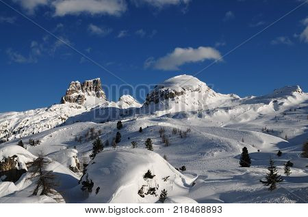 Beautiful Landscape of Mount Averau at Passo Falzarego in the Italian Dolomites. Winter season. Veneto, Italy.
