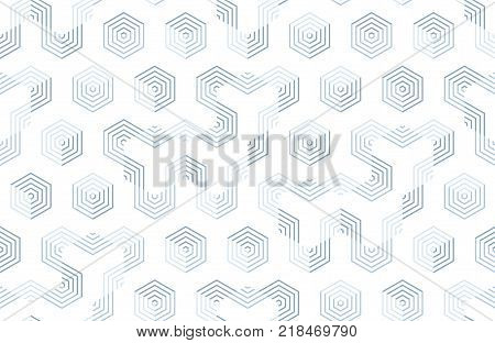 Seamless geometric pattern with hexagons and lines. Irregular structure for fabric print. Monochrome abstract background.