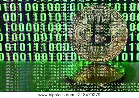 Image of the program code showing the process of mining the crypto currency in the background of the image with bitcoin