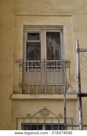 Balcony in the old building. Old palace. Palace of Culture of Builders in Ust-Kamenogorsk Kazakhstan. Historical heritage