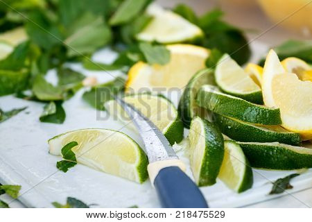 Ingredients for a refreshing mojito cocktail. Close-up