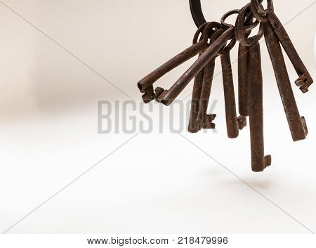 Old cast iron skeleton key set close up view hight quality image