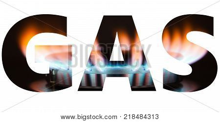 Gas word with burner flame background isolated on white
