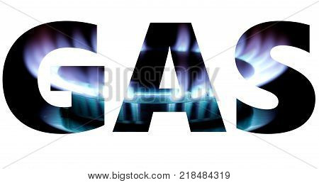 Gas word with burner flame background isolated on white