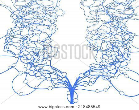 Circles linked by lines connection systems layered split over white isolated horizontal 3d illustration