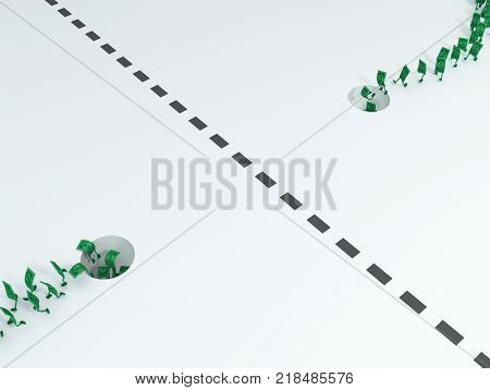 Dollar symbol cartoon characters crossing border as contraband 3d illustration horizontal over white