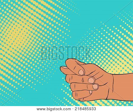 Pop art wector illustration of one caucasian man hand, which shows a fig