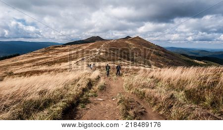 September, 18,2017: autumn Polonina Wetlinska in Biesczady mountains in southeastern part of Poland with mountain meadow hills and hiking trail
