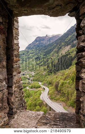 View from the castle of Mesocco on the highway and the town of Soazza in the valley of the river Moesa Switzerland