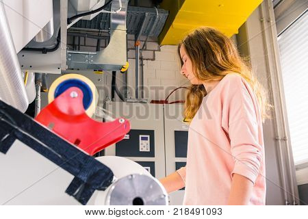 Young Female Engineer Printing Specialist Measuring Checking Colors Quality Booth Color Management I