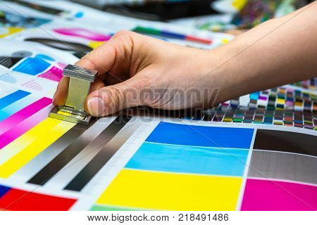 Young Female Engineer Printing Specialist Measuring Checking Colors Quality Booth Color Management I
