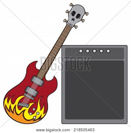 An electric guitar decorated with flames and a skull shaped head stock is leaning against an amplifier
