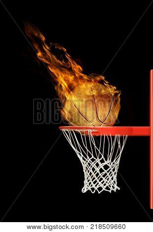 3D illustration of fiery basketball ball flying to hoop on black background