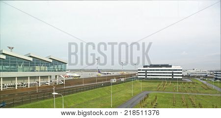 Rostov-on-DonRussia - December 162017: Airport Platov built for the FIFA World Cup 2018. Technicians serve aircraft
