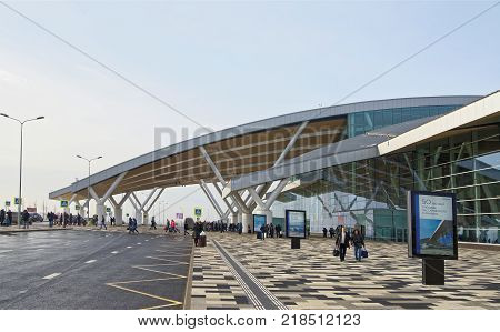 Rostov-on-DonRussia - December 162017: Airport Platov built for the FIFA World Cup 2018. Passengers are traveling at the airport