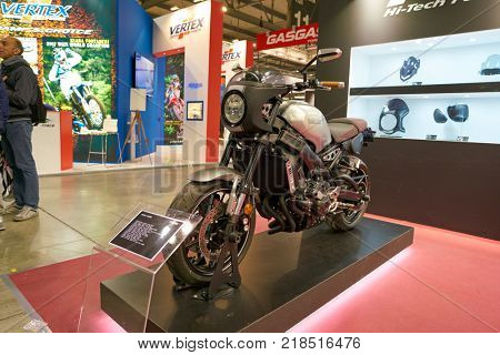 MILAN, ITALY - NOVEMBER 11, 2017: Yamaha XSR900 motorcycle is displayed at EICMA 2017 - 75th International Motorcycle Exhibition