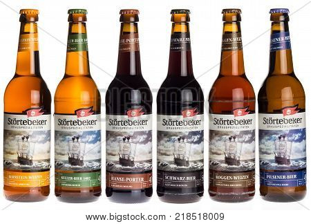 GRONINGEN, NETHERLANDS - DECEMBER 16, 2017: Collection of Stortebeker Weizen, Keller, Porter, Schwarz, Roggen and Pilsener beers isolated on a white background